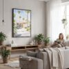 05 - Framed Palm Springs California Watercolor Canvas Print - Woman reading in modern Living Room - Vertical.jpg