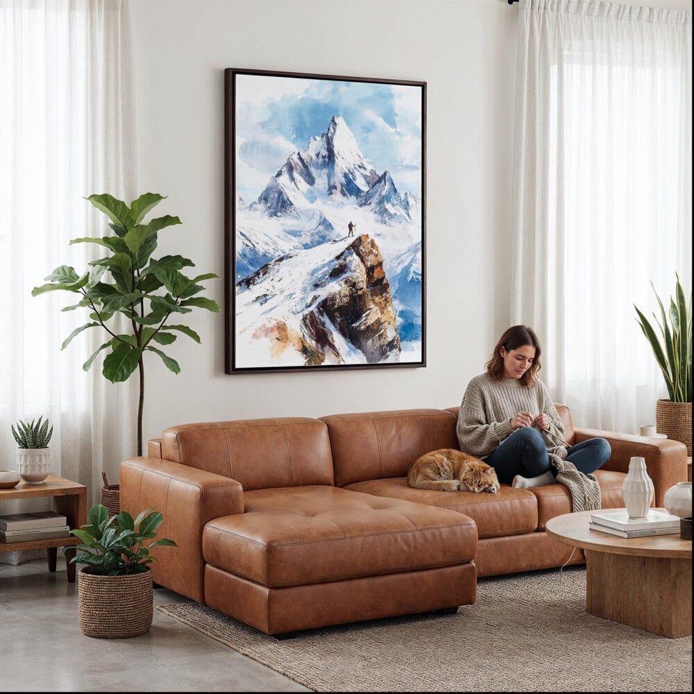 05 - Framed Patagonia Chile Watercolor Canvas Print - Woman Knitting on leather couch - Vertical.jpg 05 - Framed Patagonia Chile Watercolor Canvas Print - Woman Knitting on leather couch - Vertical.jpg