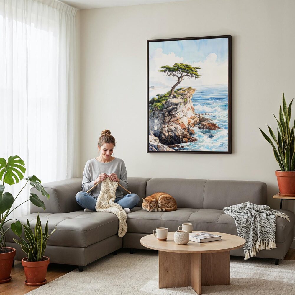 05 - Framed Pebble Beach Cypress Watercolor Canvas Print - Woman Knitting on grey couch - Vertical.jpg 05 - Framed Pebble Beach Cypress Watercolor Canvas Print - Woman Knitting on grey couch - Vertical.jpg