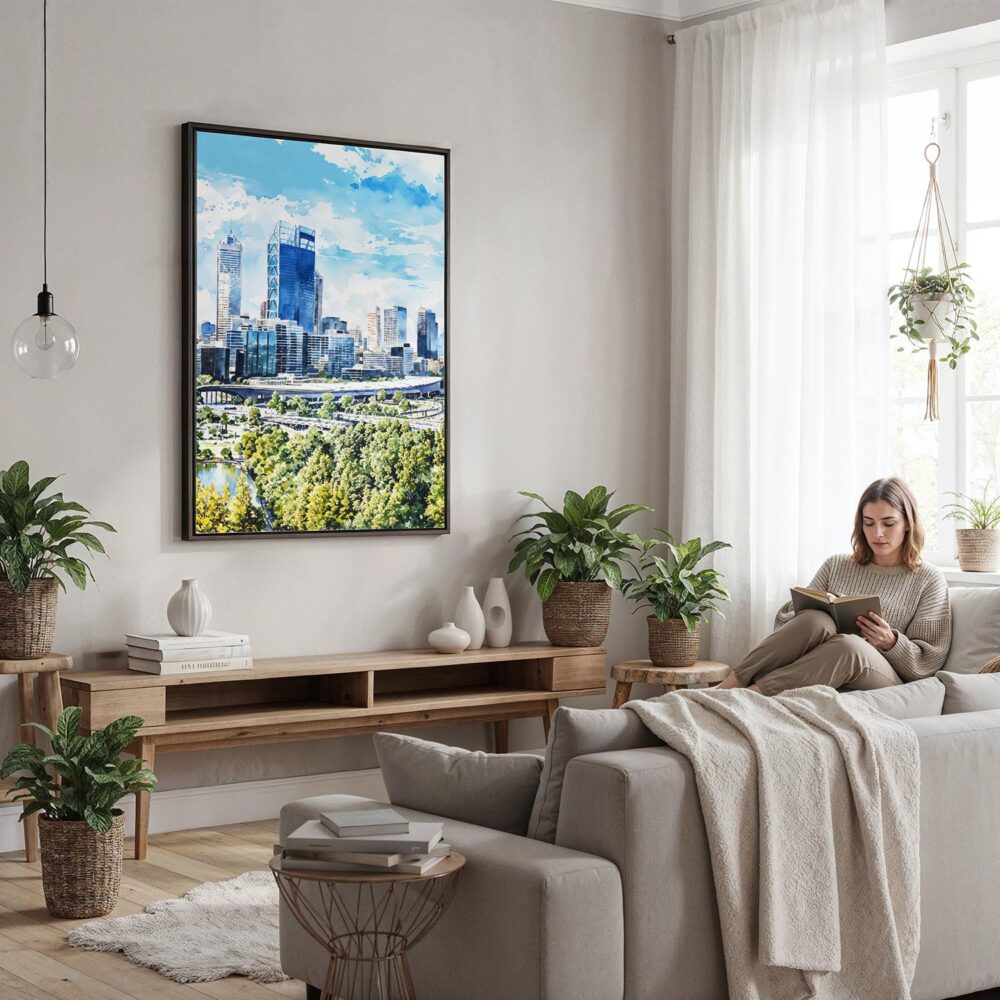 05 - Framed Perth Australia Watercolor Canvas Print - Woman reading in modern Living Room - Vertical.jpg 05 - Framed Perth Australia Watercolor Canvas Print - Woman reading in modern Living Room - Vertical.jpg