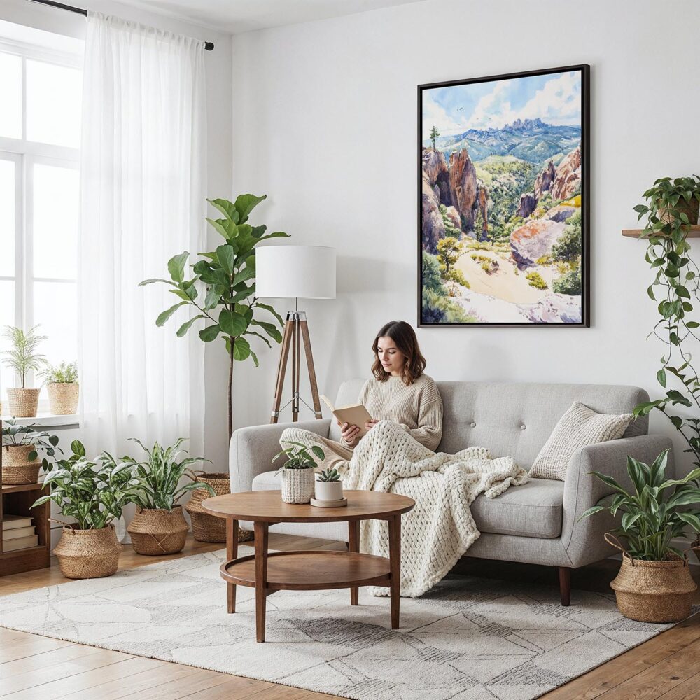 05 - Framed Pinnacles National Park Watercolor Canvas Print - Woman reading on couch - Vertical.jpg 05 - Framed Pinnacles National Park Watercolor Canvas Print - Woman reading on couch - Vertical.jpg