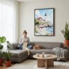 05 - Framed Portland Maine Watercolor Canvas Print - Woman Knitting on grey couch - Vertical.jpg