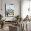 05 - Framed Portland Oregon Watercolor Canvas Print - Woman reading in modern Living Room - Vertical.jpg
