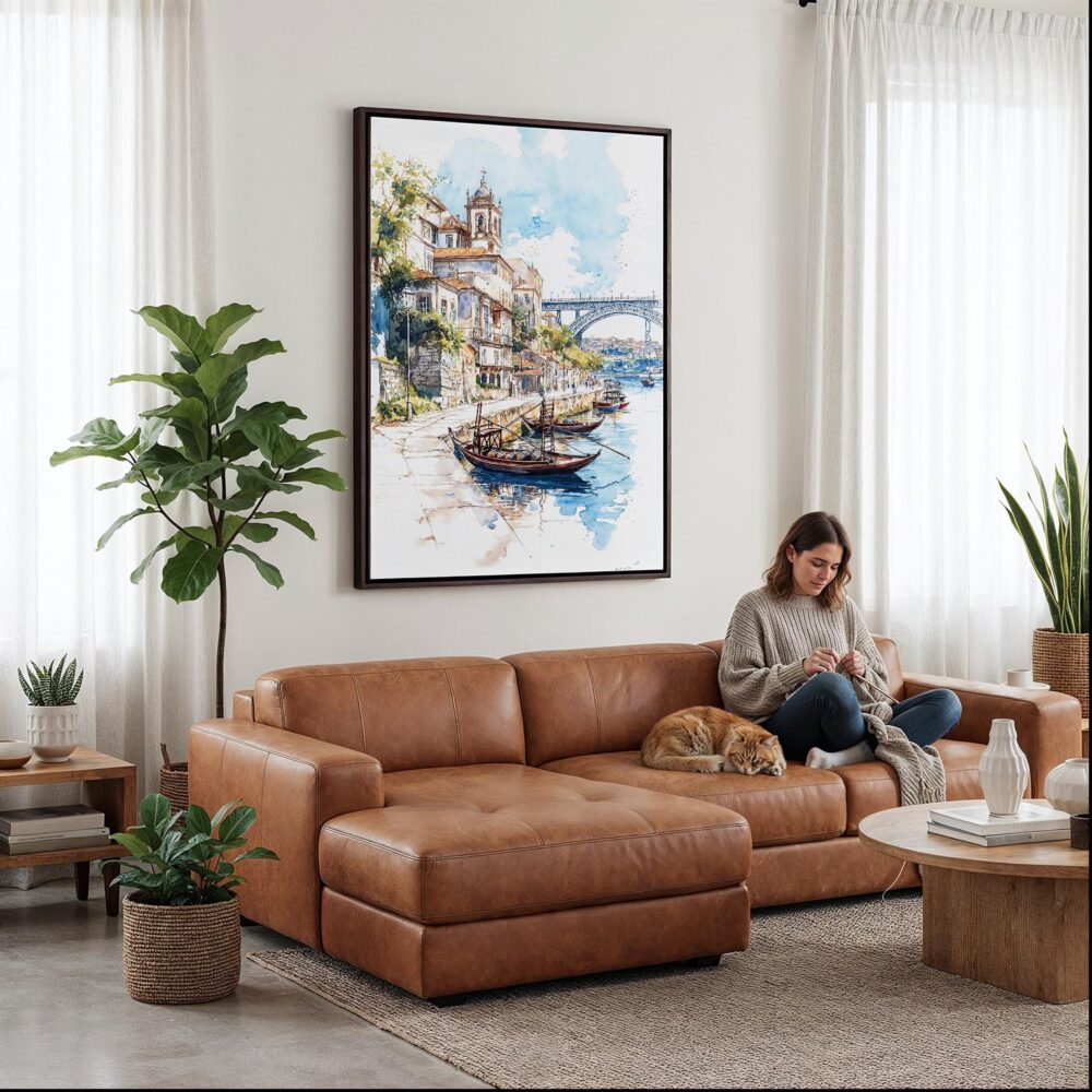 05 - Framed Porto 2 - Watercolor Canvas Print - Woman Knitting on leather couch - Vertical.jpg 05 - Framed Porto 2 - Watercolor Canvas Print - Woman Knitting on leather couch - Vertical.jpg