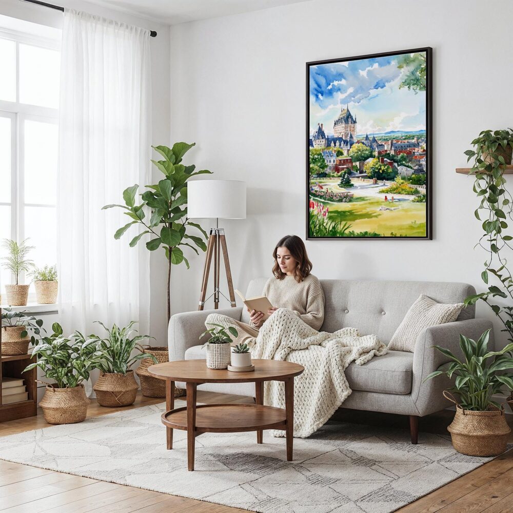 05 - Framed Quebec Château Frontenac Watercolor Canvas Print - Woman reading on couch - Vertical.jpg 05 - Framed Quebec Château Frontenac Watercolor Canvas Print - Woman reading on couch - Vertical.jpg
