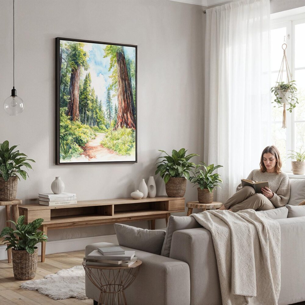 05 - Framed Redwood National Park California Watercolor Canvas Print - Woman reading in modern Living Room - Vertical.jpg 05 - Framed Redwood National Park California Watercolor Canvas Print - Woman reading in modern Living Room - Vertical.jpg