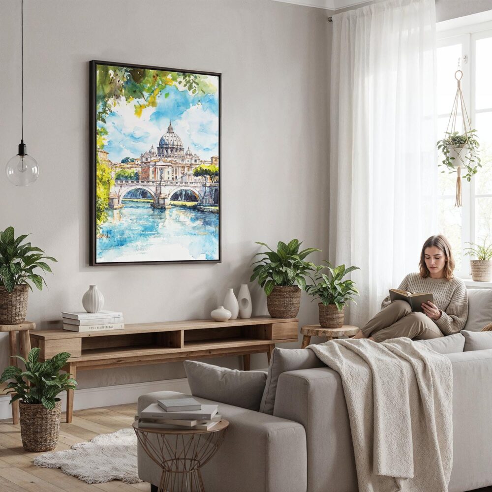 05 - Framed Rome Italy Watercolor Canvas Print - Woman reading in modern Living Room - Vertical.jpg 05 - Framed Rome Italy Watercolor Canvas Print - Woman reading in modern Living Room - Vertical.jpg