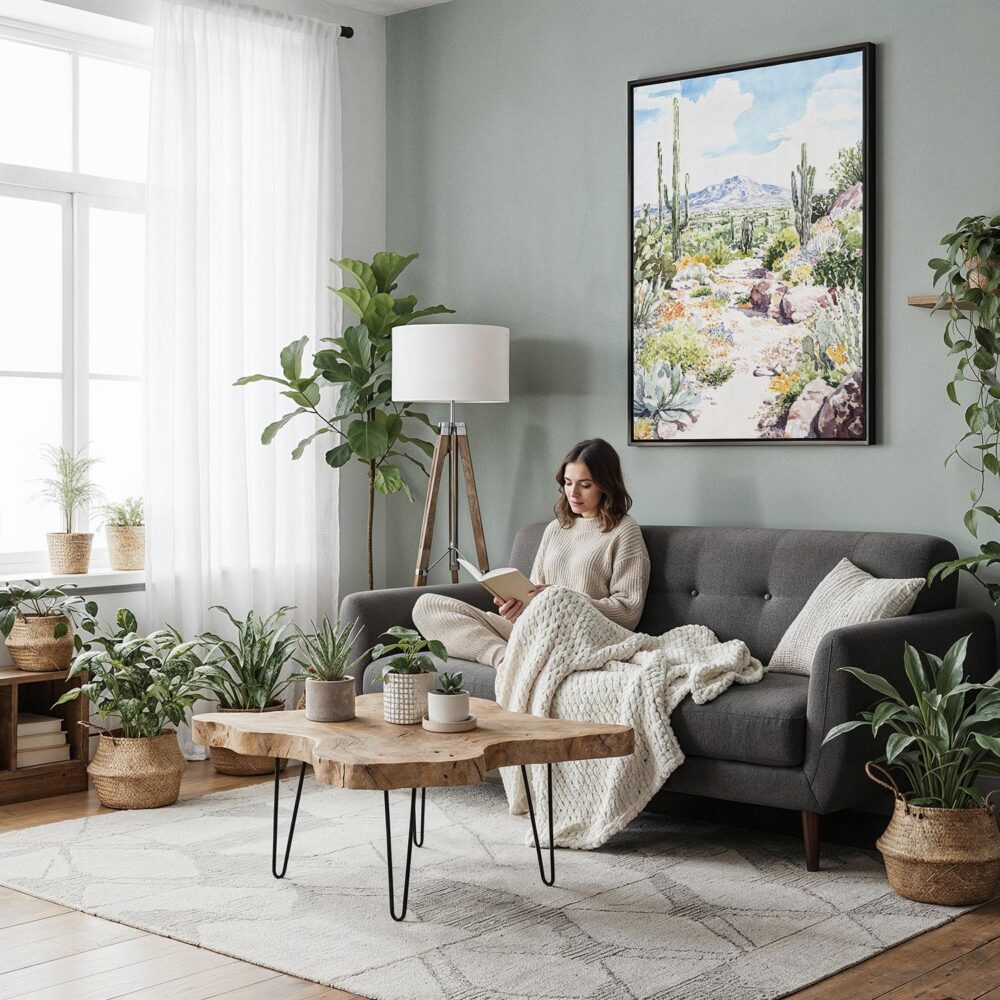 05 - Framed Saguaro National Park Watercolor Canvas Print - Woman reading in Boho Living Room - Vertical.jpg 05 - Framed Saguaro National Park Watercolor Canvas Print - Woman reading in Boho Living Room - Vertical.jpg