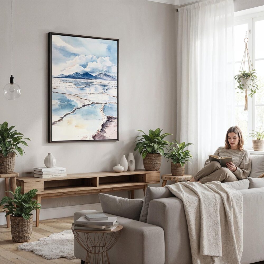 05 - Framed Salar de Uyuni Watercolor Canvas Print - Woman reading in modern Living Room - Vertical.jpg 05 - Framed Salar de Uyuni Watercolor Canvas Print - Woman reading in modern Living Room - Vertical.jpg