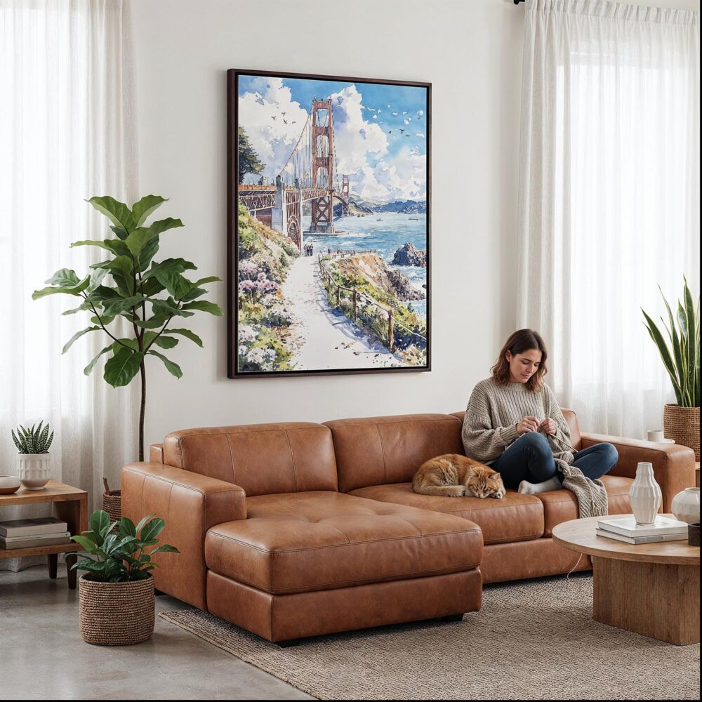 05 - Framed San Francisco Golden Gate Bridge - Watercolor Canvas Print - Woman Knitting on leather couch - Vertical.jpg 05 - Framed San Francisco Golden Gate Bridge - Watercolor Canvas Print - Woman Knitting on leather couch - Vertical.jpg