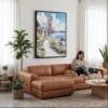 05 - Framed San Francisco Golden Gate Bridge - Watercolor Canvas Print - Woman Knitting on leather couch - Vertical.jpg