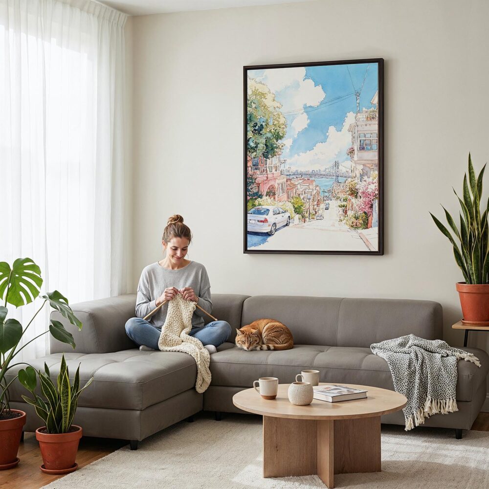 05 - Framed San Francisco Lombard Street - Watercolor Canvas Print - Woman Knitting on grey couch - Vertical.jpg 05 - Framed San Francisco Lombard Street - Watercolor Canvas Print - Woman Knitting on grey couch - Vertical.jpg