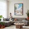 05 - Framed San Francisco Lombard Street - Watercolor Canvas Print - Woman Knitting on grey couch - Vertical.jpg