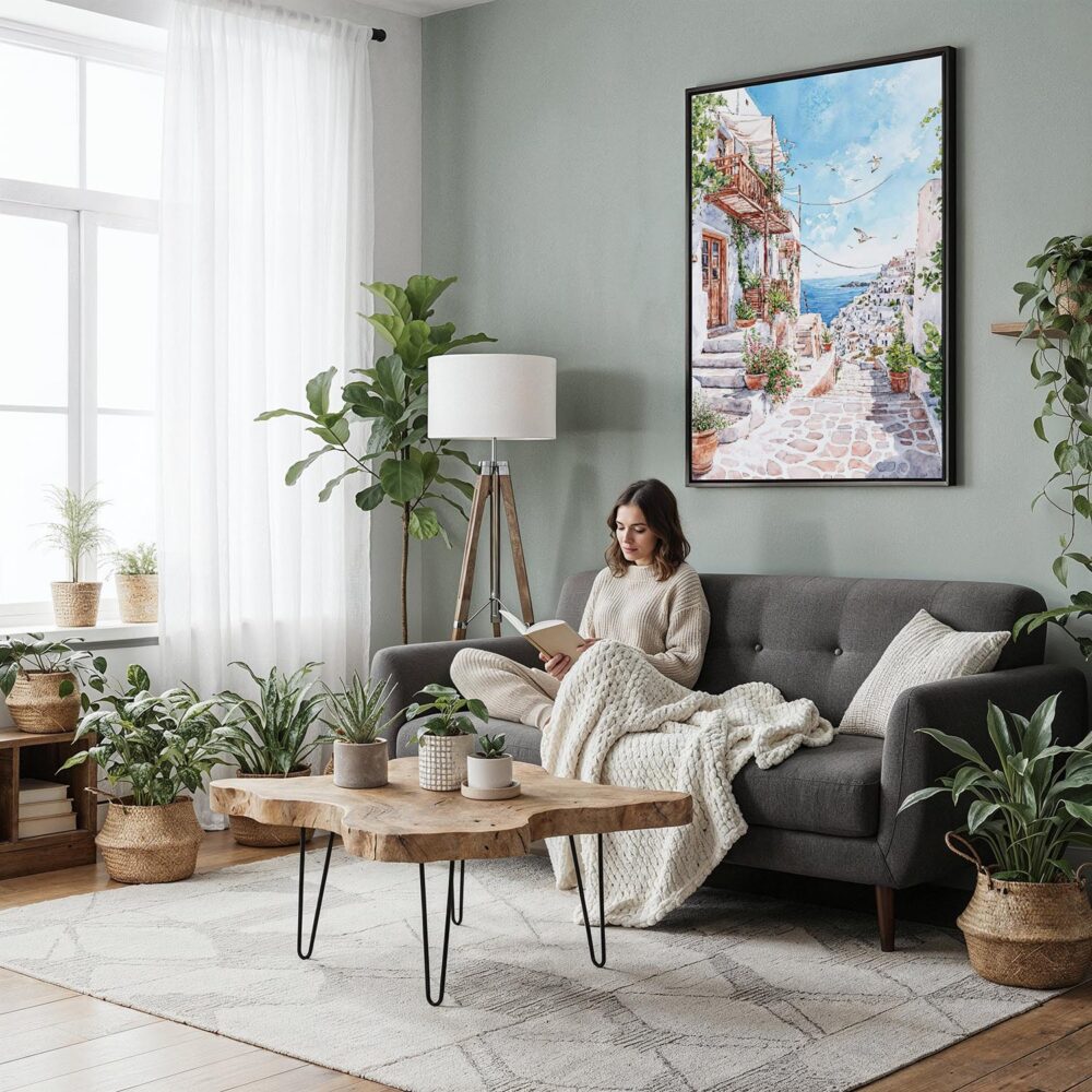 05 - Framed Santorini - Watercolor Canvas Print - Woman reading in Boho Living Room - Vertical.jpg 05 - Framed Santorini - Watercolor Canvas Print - Woman reading in Boho Living Room - Vertical.jpg