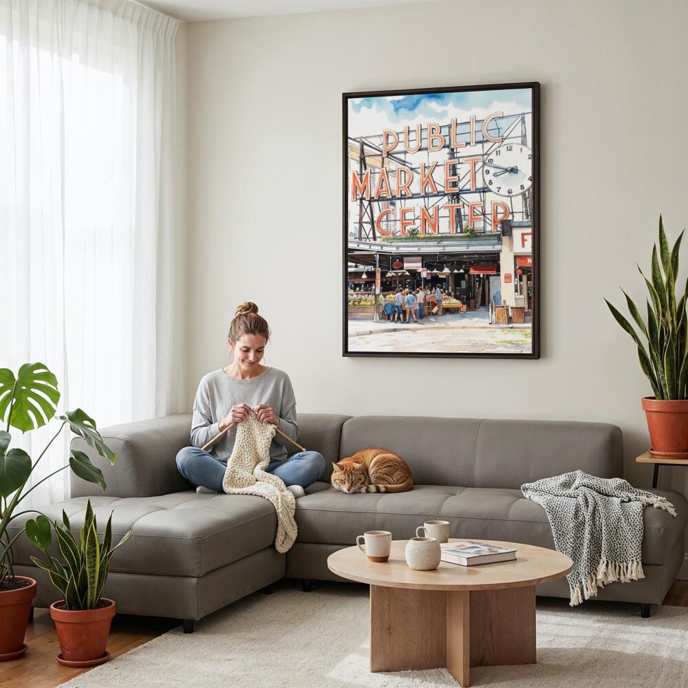 05 - Framed Seattle Pike Place Market Watercolor Canvas Print - Woman Knitting on grey couch - Vertical.jpg 05 - Framed Seattle Pike Place Market Watercolor Canvas Print - Woman Knitting on grey couch - Vertical.jpg
