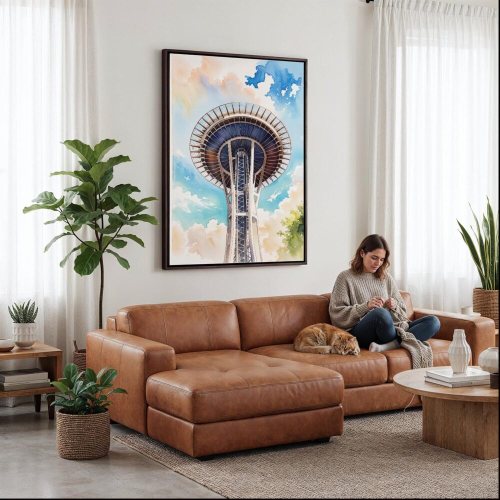 05 - Framed Seattle Space Needle Closeup Watercolor Canvas Print - Woman Knitting on leather couch - Vertical.jpg 05 - Framed Seattle Space Needle Closeup Watercolor Canvas Print - Woman Knitting on leather couch - Vertical.jpg