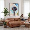 05 - Framed Seattle Space Needle Closeup Watercolor Canvas Print - Woman Knitting on leather couch - Vertical.jpg