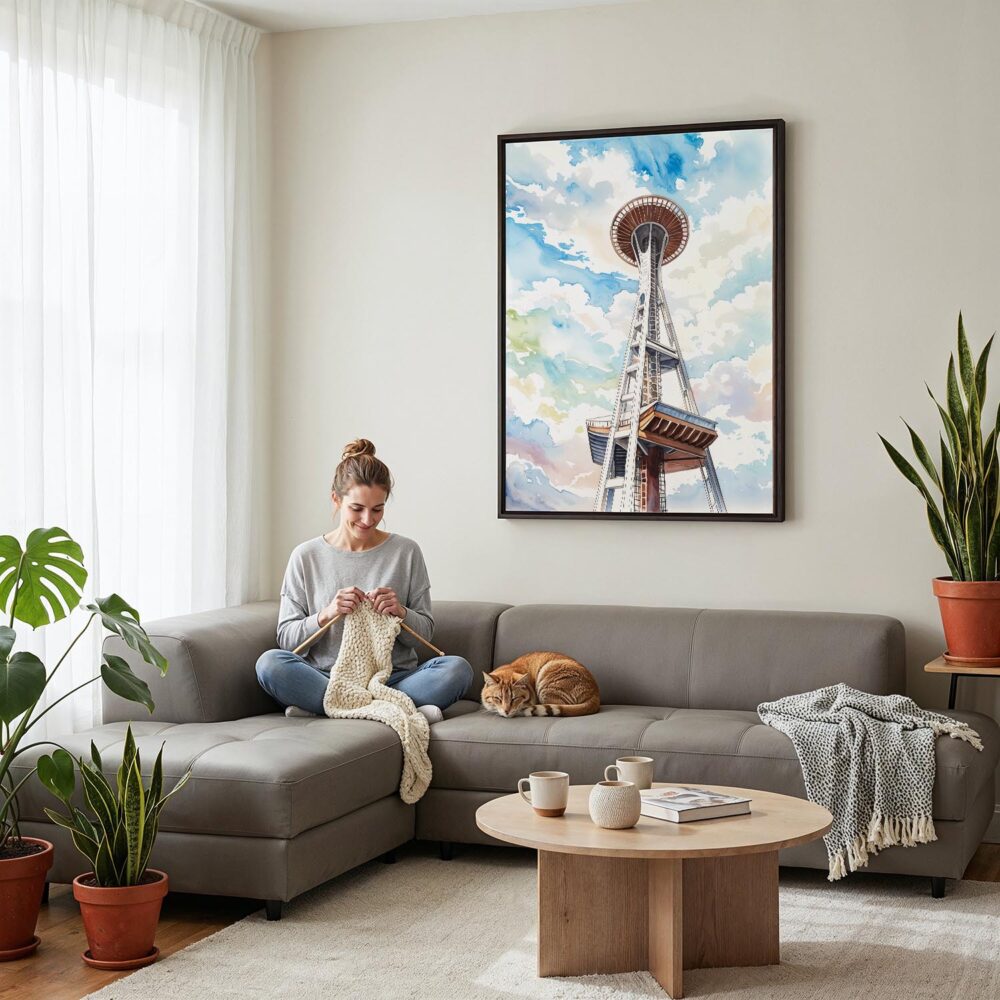 05 - Framed Seattle Space Needle Watercolor Canvas Print - Woman Knitting on grey couch - Vertical.jpg 05 - Framed Seattle Space Needle Watercolor Canvas Print - Woman Knitting on grey couch - Vertical.jpg