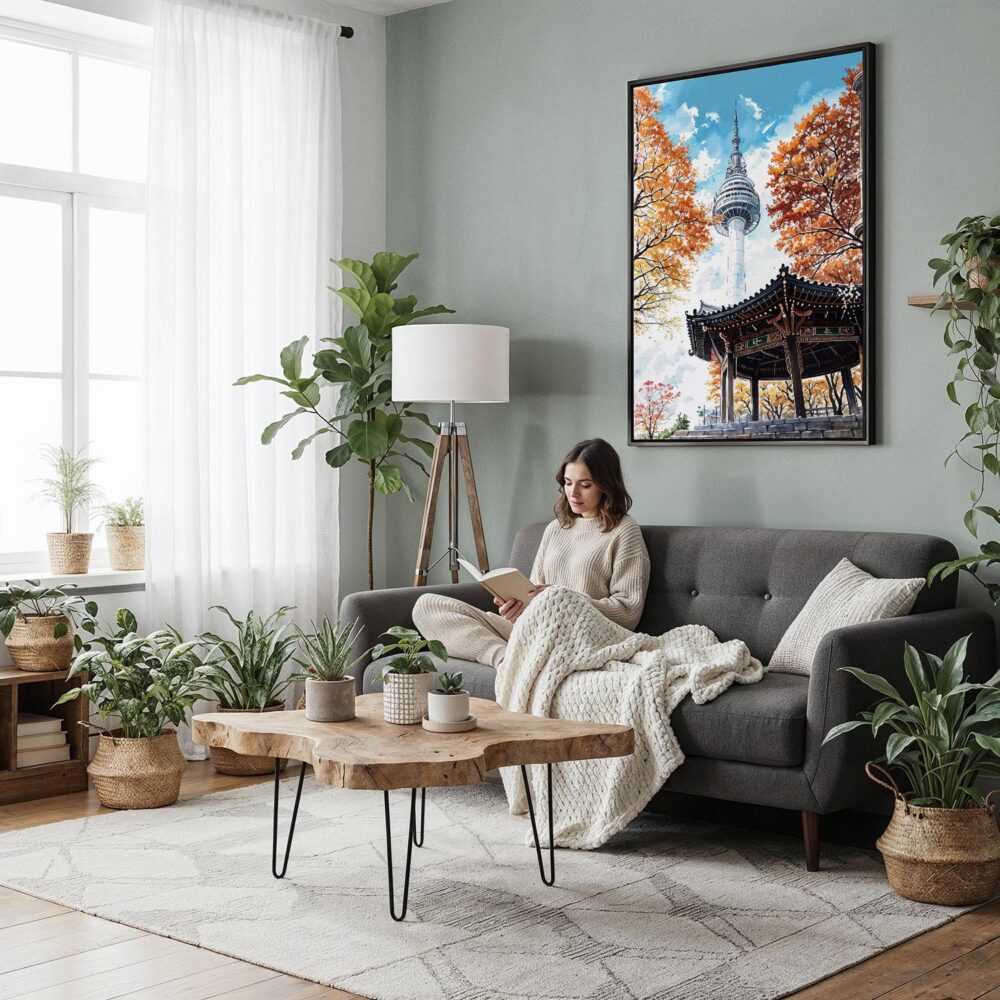 05 - Framed Seoul N Seoul Tower Watercolor Canvas Print - Woman reading in Boho Living Room - Vertical.jpg 05 - Framed Seoul N Seoul Tower Watercolor Canvas Print - Woman reading in Boho Living Room - Vertical.jpg