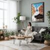 05 - Framed Seoul N Seoul Tower Watercolor Canvas Print - Woman reading in Boho Living Room - Vertical.jpg
