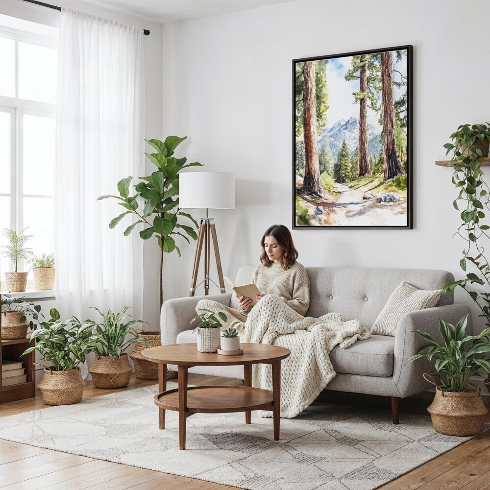 05 - Framed Sequoia National Park Watercolor Canvas Print - Woman reading on couch - Vertical.jpg 05 - Framed Sequoia National Park Watercolor Canvas Print - Woman reading on couch - Vertical.jpg
