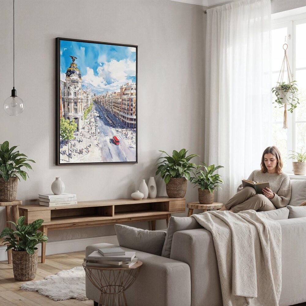05 - Framed Spain Madrid Watercolor Canvas Print - Woman reading in modern Living Room - Vertical.jpg 05 - Framed Spain Madrid Watercolor Canvas Print - Woman reading in modern Living Room - Vertical.jpg