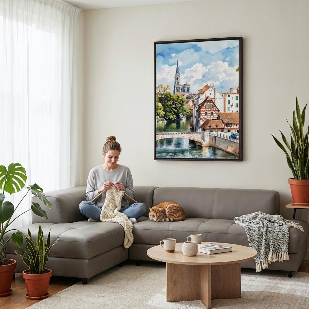05 - Framed Strasbourg France Watercolor Canvas Print - Woman Knitting on grey couch - Vertical.jpg 05 - Framed Strasbourg France Watercolor Canvas Print - Woman Knitting on grey couch - Vertical.jpg