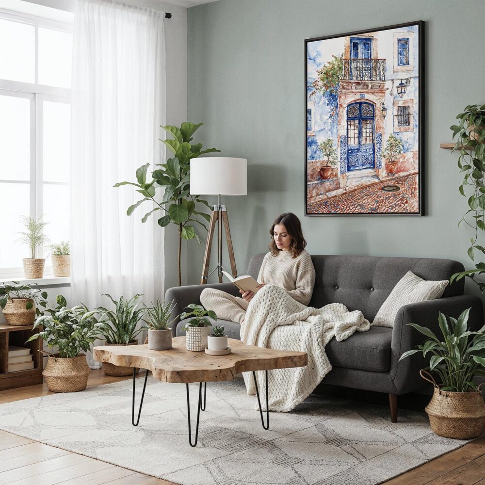 05 - Framed Streets of Lisbon Portugal Watercolor Canvas Print - Woman reading in Boho Living Room - Vertical.jpg 05 - Framed Streets of Lisbon Portugal Watercolor Canvas Print - Woman reading in Boho Living Room - Vertical.jpg