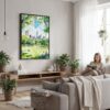 05 - Framed Summer in New York Central Park Watercolor Canvas Print - Woman reading in modern Living Room - Vertical.jpg