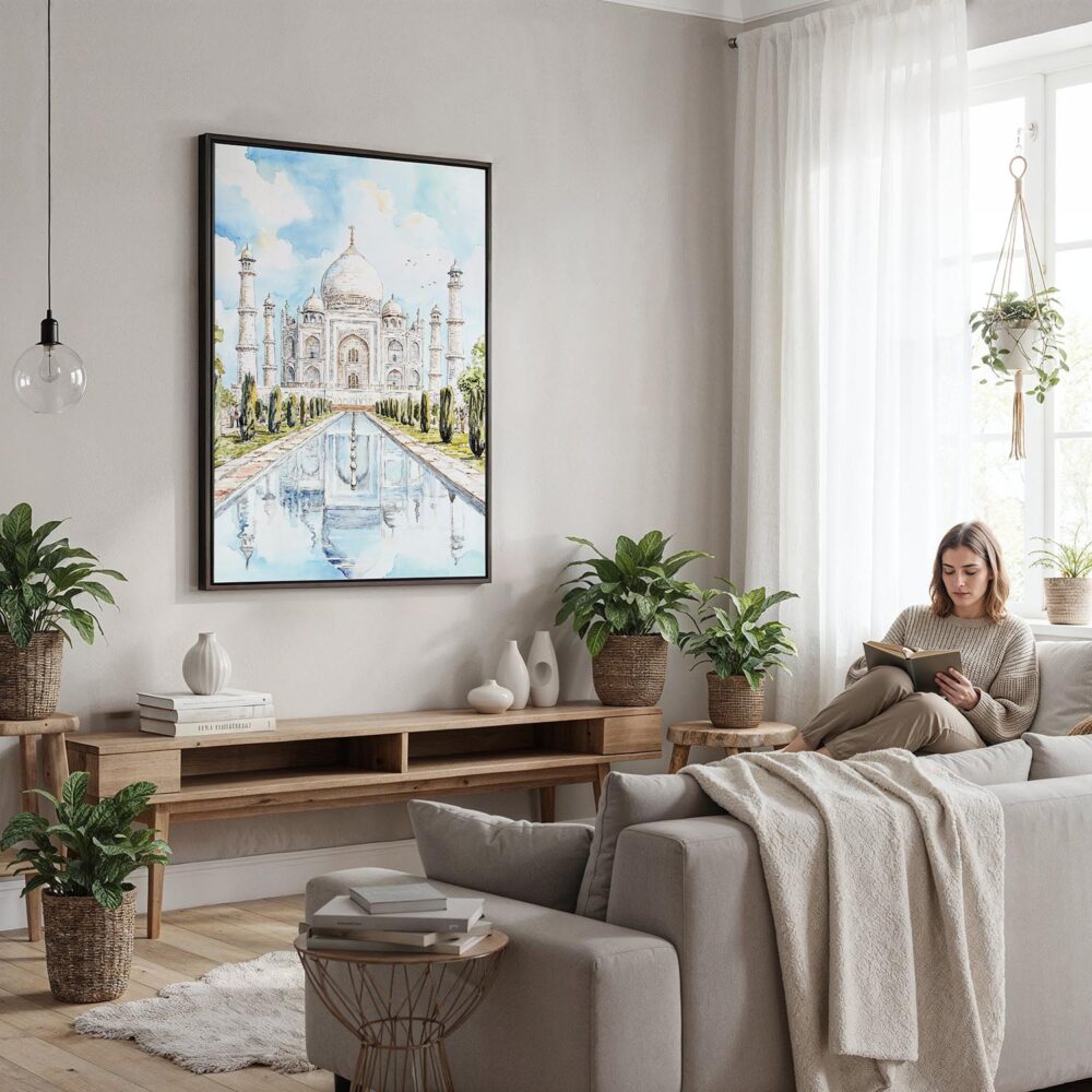 05 - Framed Taj Mahal Watercolor Canvas Print - Woman reading in modern Living Room - Vertical.jpg 05 - Framed Taj Mahal Watercolor Canvas Print - Woman reading in modern Living Room - Vertical.jpg