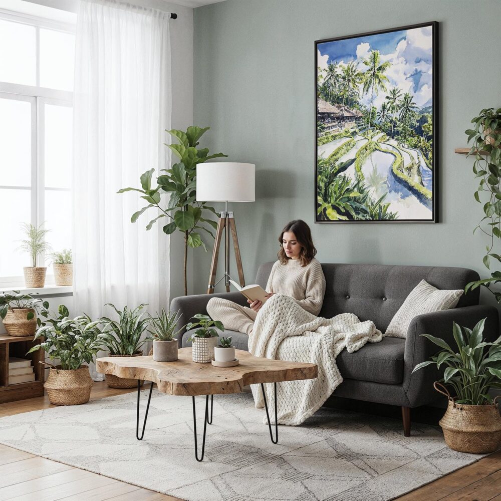 05 - Framed Tegallalang Rice Terrace Ubud Bali Watercolor Canvas Print - Woman reading in Boho Living Room - Vertical.jpg 05 - Framed Tegallalang Rice Terrace Ubud Bali Watercolor Canvas Print - Woman reading in Boho Living Room - Vertical.jpg