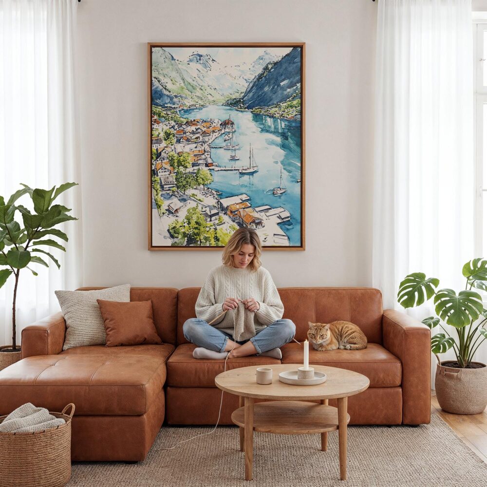 05 - Framed The Fjords Watercolor Canvas Print - Woman Knitting - Vertical.jpg 05 - Framed The Fjords Watercolor Canvas Print - Woman Knitting - Vertical.jpg