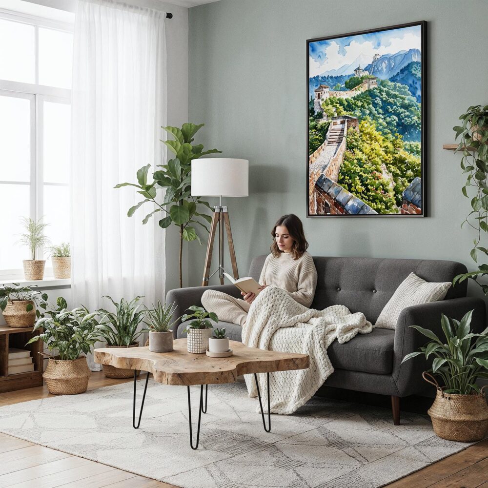 05 - Framed The Great Wall of China Watercolor Canvas Print - Woman reading in Boho Living Room - Vertical.jpg 05 - Framed The Great Wall of China Watercolor Canvas Print - Woman reading in Boho Living Room - Vertical.jpg