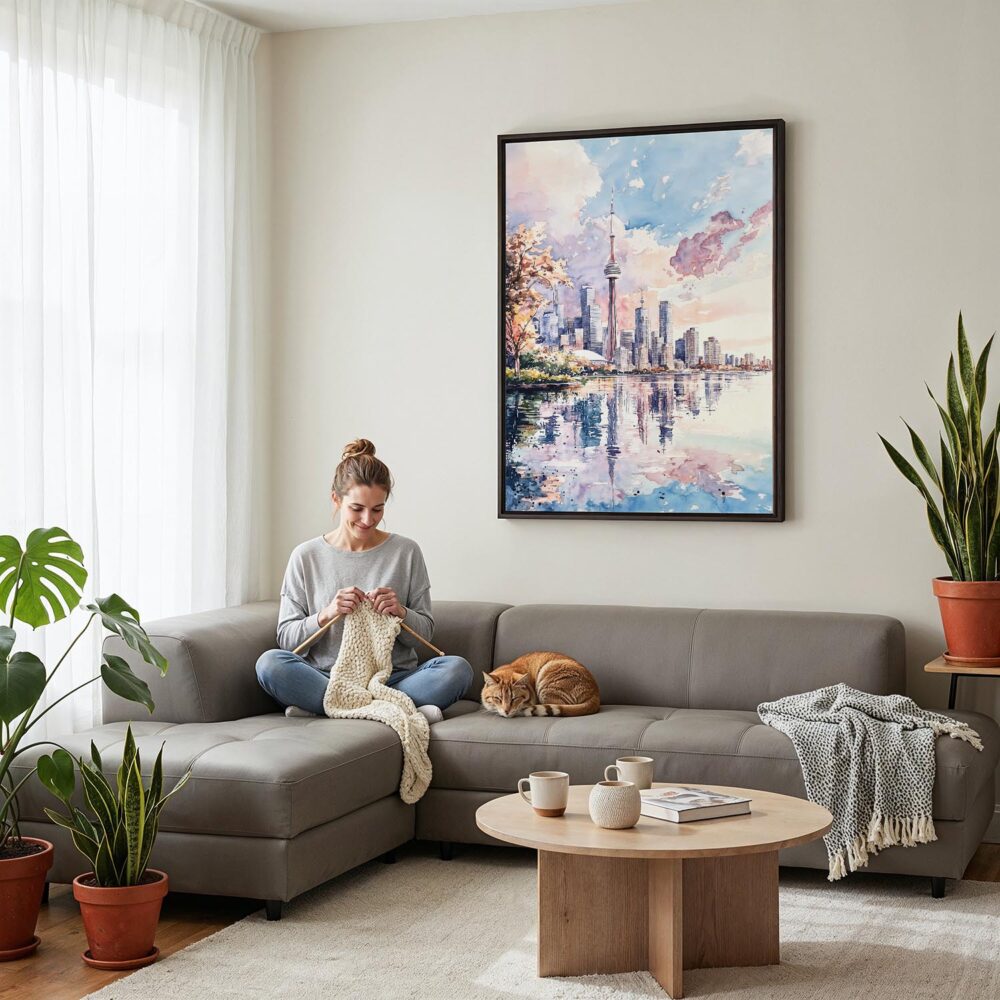 05 - Framed Toronto - Watercolor Canvas Print - Woman Knitting on grey couch - Vertical.jpg 05 - Framed Toronto - Watercolor Canvas Print - Woman Knitting on grey couch - Vertical.jpg