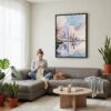 05 - Framed Toronto - Watercolor Canvas Print - Woman Knitting on grey couch - Vertical.jpg