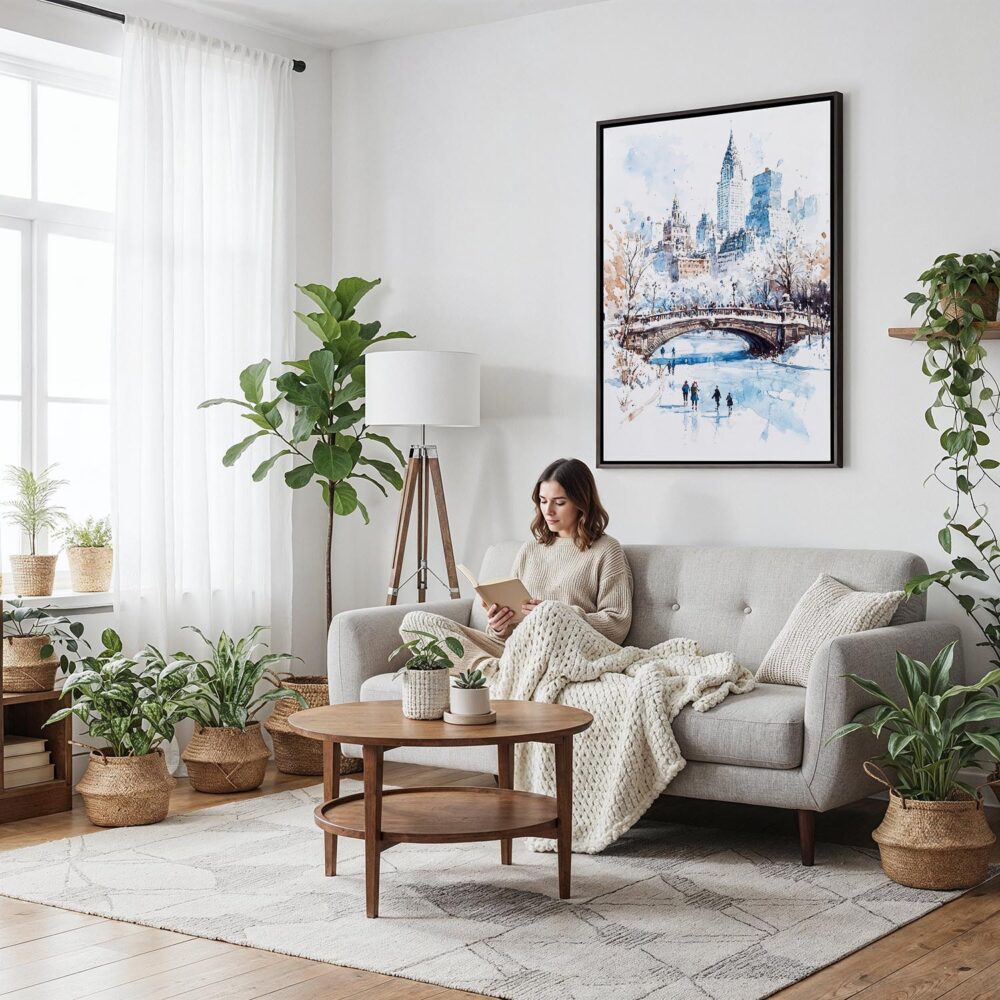 05 - Framed White Christmas Central Park New York Watercolor Canvas Print - Woman reading on couch - Vertical.jpg 05 - Framed White Christmas Central Park New York Watercolor Canvas Print - Woman reading on couch - Vertical.jpg