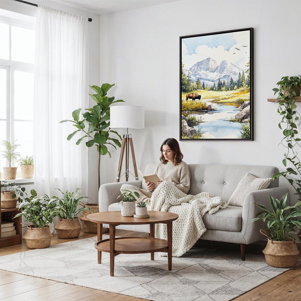 05 - Framed Yellowstone Bison - Watercolor Canvas Print - Woman reading on couch - Vertical.jpg 05 - Framed Yellowstone Bison - Watercolor Canvas Print - Woman reading on couch - Vertical.jpg