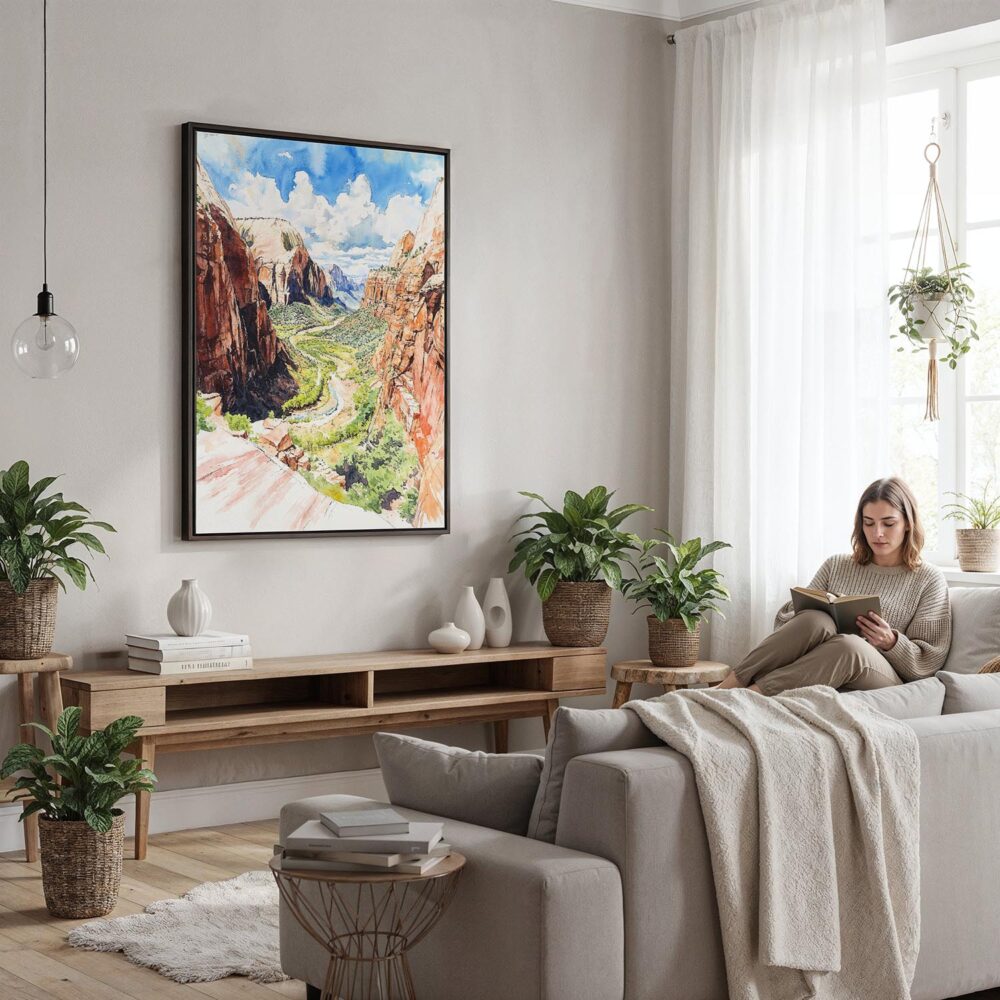 05 - Framed Zion Canyon Watercolor Canvas Print - Woman reading in modern Living Room - Vertical.jpg 05 - Framed Zion Canyon Watercolor Canvas Print - Woman reading in modern Living Room - Vertical.jpg