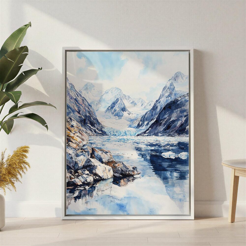 05 - Glacier Bay National Park Watercolor Canvas Print with White Floater Frame - Standing on Floor - Vertical.jpg 05 - Glacier Bay National Park Watercolor Canvas Print with White Floater Frame - Standing on Floor - Vertical.jpg