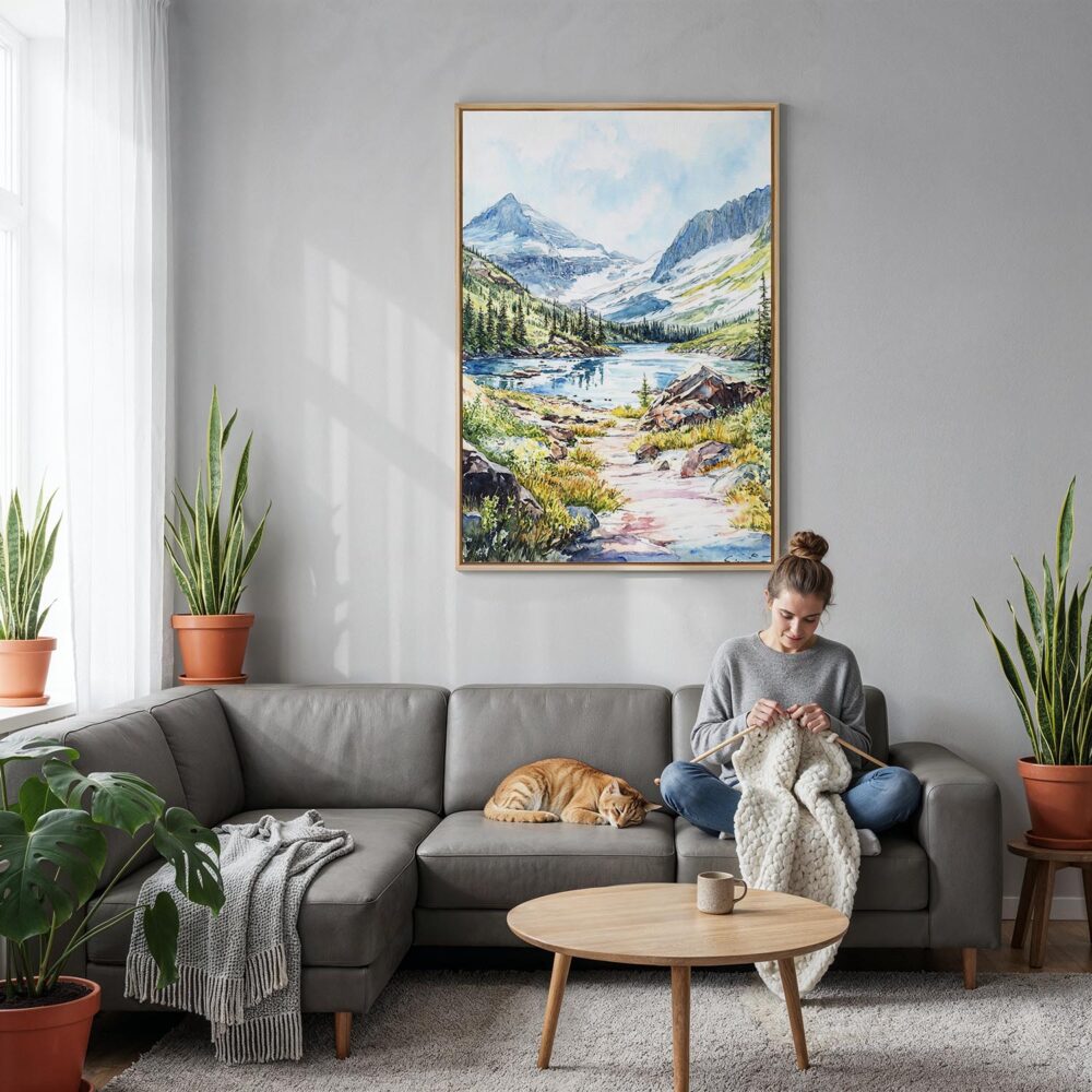 05 - Glacier National Park Watercolor Canvas Print with Natural Floater Frame - Woman Knitting on grey couch - Vertical.jpg 05 - Glacier National Park Watercolor Canvas Print with Natural Floater Frame - Woman Knitting on grey couch - Vertical.jpg