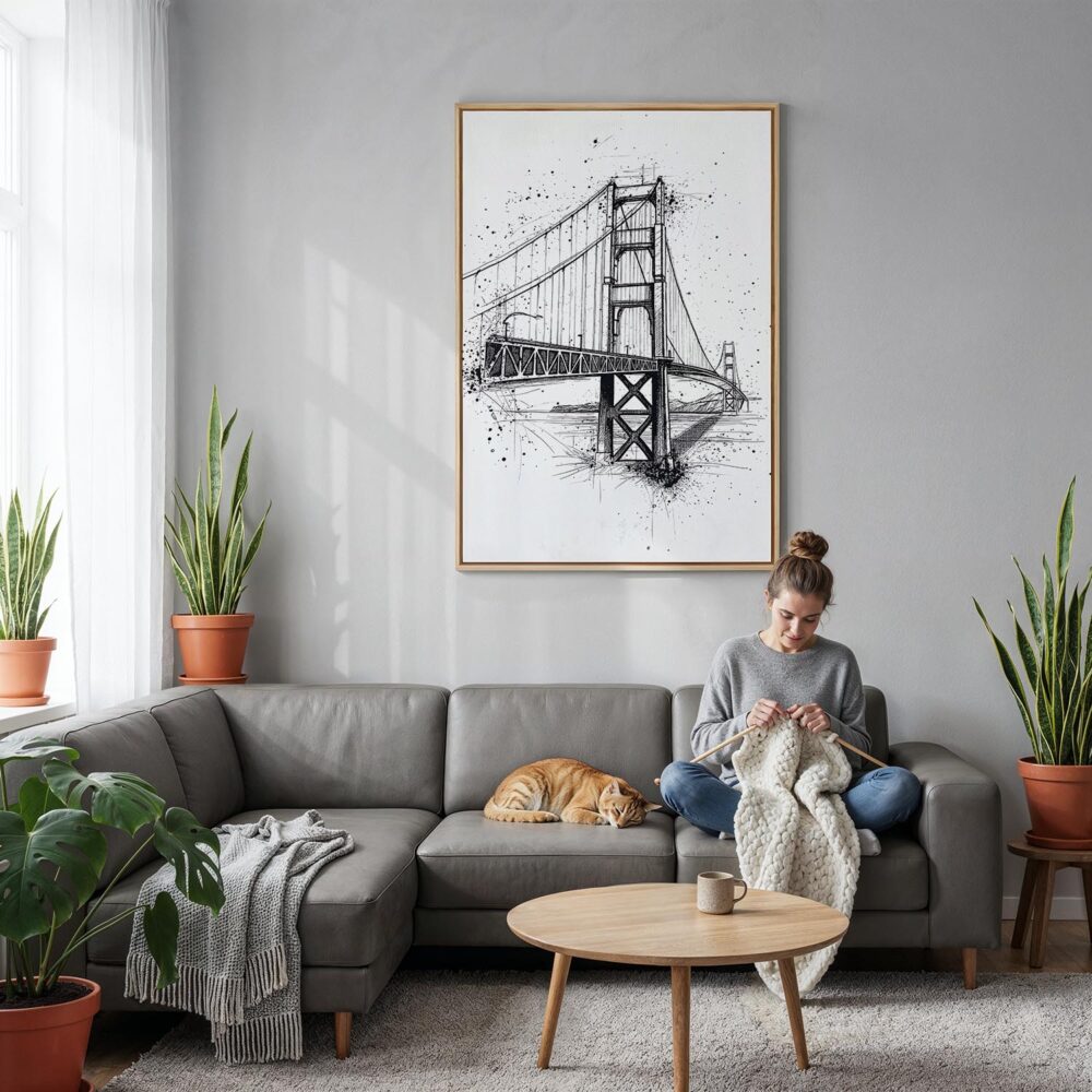 05 - Golden Gate Bridge - Pencil Drawing Canvas Print with Natural Floater Frame - Woman Knitting on grey couch - Vertical.jpg 05 - Golden Gate Bridge - Pencil Drawing Canvas Print with Natural Floater Frame - Woman Knitting on grey couch - Vertical.jpg