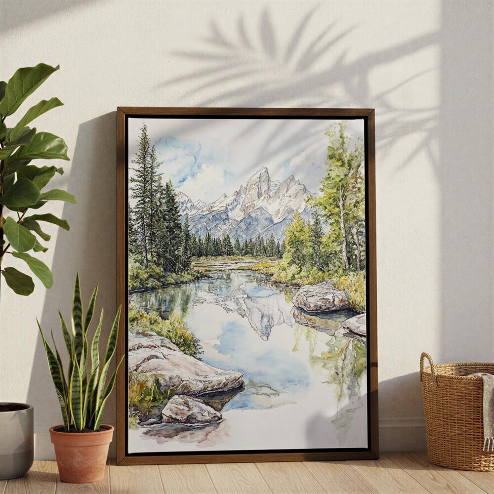 05 - Grand Teton National Park Watercolor Canvas Print with Brown Floater Frame - Standing on Floor - Vertical.jpg 05 - Grand Teton National Park Watercolor Canvas Print with Brown Floater Frame - Standing on Floor - Vertical.jpg