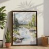 05 - Grand Teton National Park Watercolor Canvas Print with Brown Floater Frame - Standing on Floor - Vertical.jpg