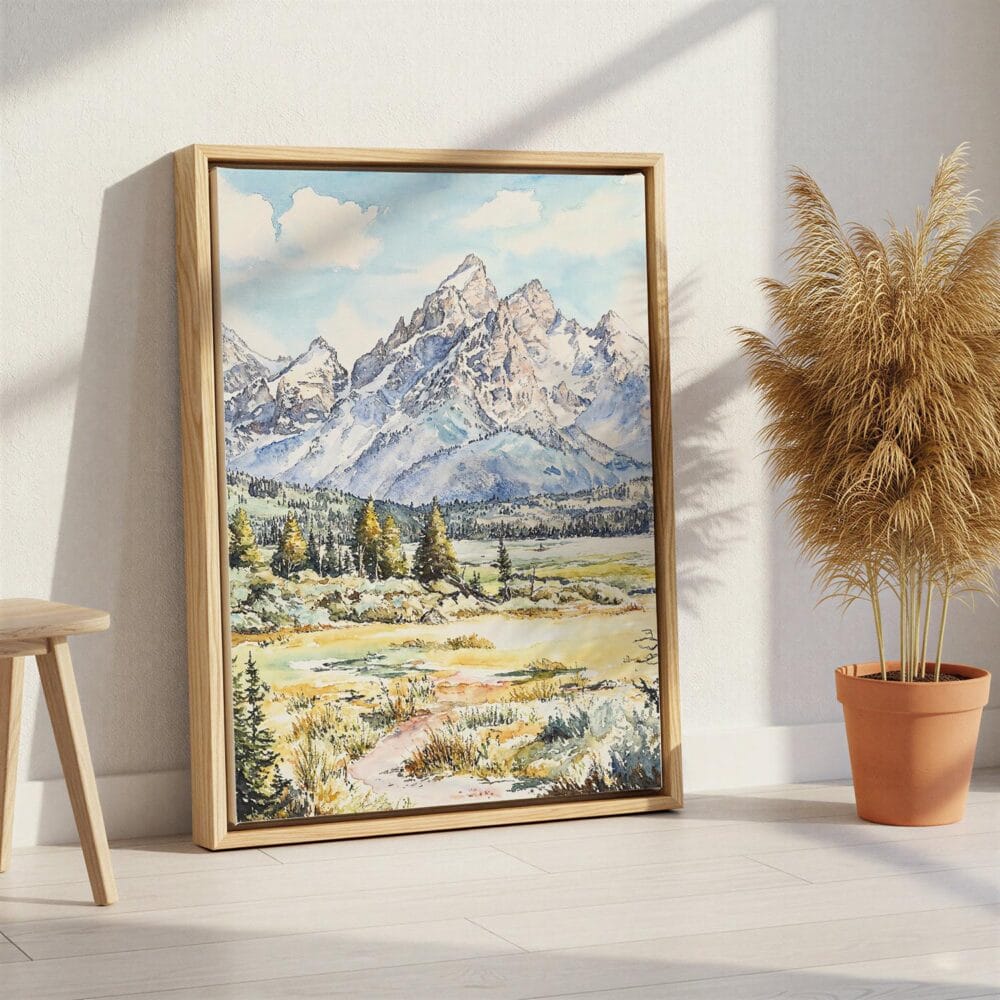 05 - Grand Teton Watercolor Canvas Print with Natural Floater Frame - Standing on Floor - Vertical.jpg 05 - Grand Teton Watercolor Canvas Print with Natural Floater Frame - Standing on Floor - Vertical.jpg