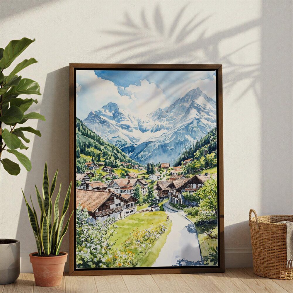05 - Grindelwald Switzerland Watercolor Canvas Print with Brown Floater Frame - Standing on Floor - Vertical.jpg 05 - Grindelwald Switzerland Watercolor Canvas Print with Brown Floater Frame - Standing on Floor - Vertical.jpg