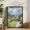 05 - Grindelwald Switzerland Watercolor Canvas Print with Brown Floater Frame - Standing on Floor - Vertical.jpg