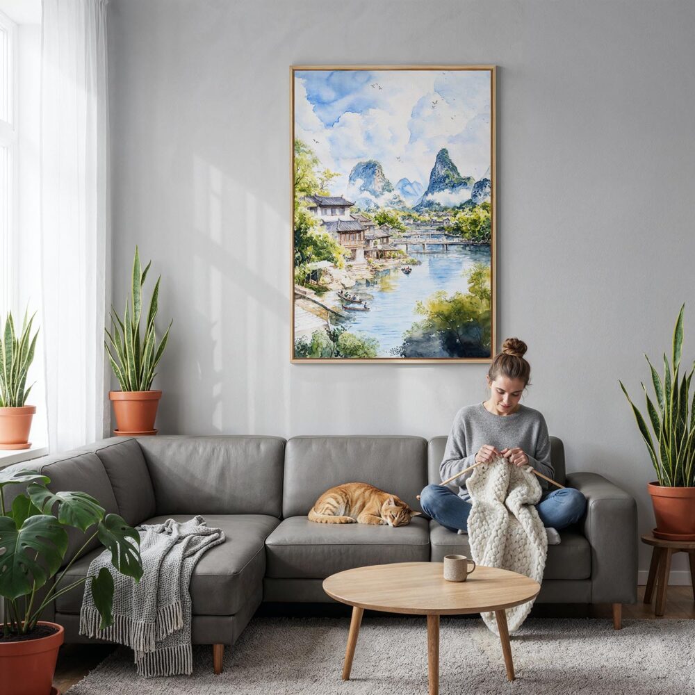 05 - Guilin China Watercolor Canvas Print with Natural Floater Frame - Woman Knitting on grey couch - Vertical.jpg 05 - Guilin China Watercolor Canvas Print with Natural Floater Frame - Woman Knitting on grey couch - Vertical.jpg