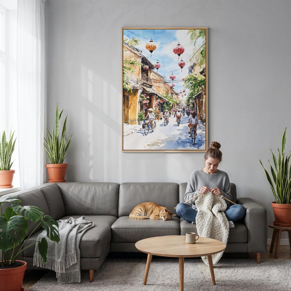 05 - Hoi An Vietnam Watercolor Canvas Print with Natural Floater Frame - Woman Knitting on grey couch - Vertical.jpg 05 - Hoi An Vietnam Watercolor Canvas Print with Natural Floater Frame - Woman Knitting on grey couch - Vertical.jpg