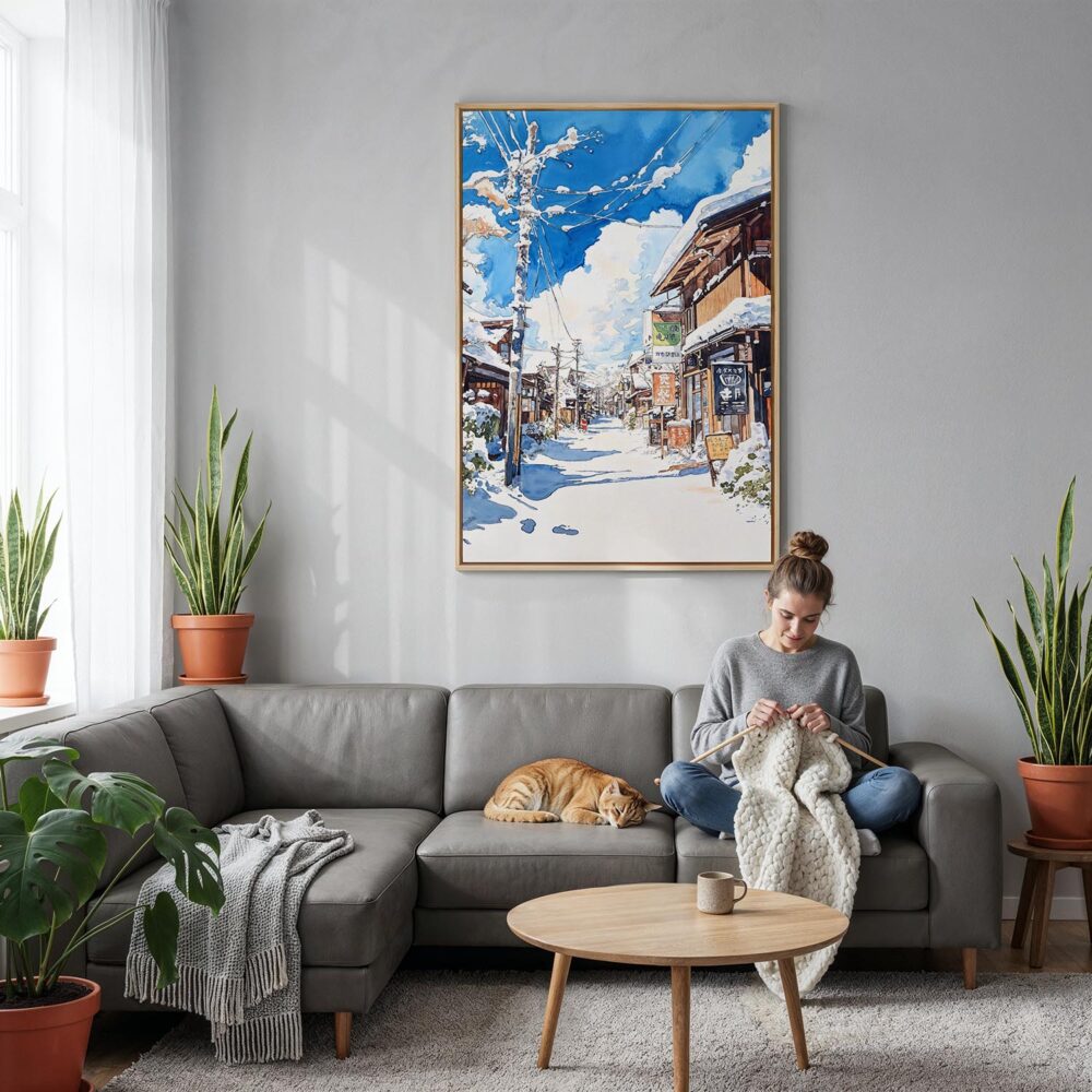 05 - Hokkaido Village - Watercolor Canvas Print with Natural Floater Frame - Woman Knitting on grey couch - Vertical.jpg 05 - Hokkaido Village - Watercolor Canvas Print with Natural Floater Frame - Woman Knitting on grey couch - Vertical.jpg