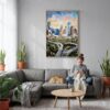05 - Houston Texas Watercolor Canvas Print with Natural Floater Frame - Woman Knitting on grey couch - Vertical.jpg
